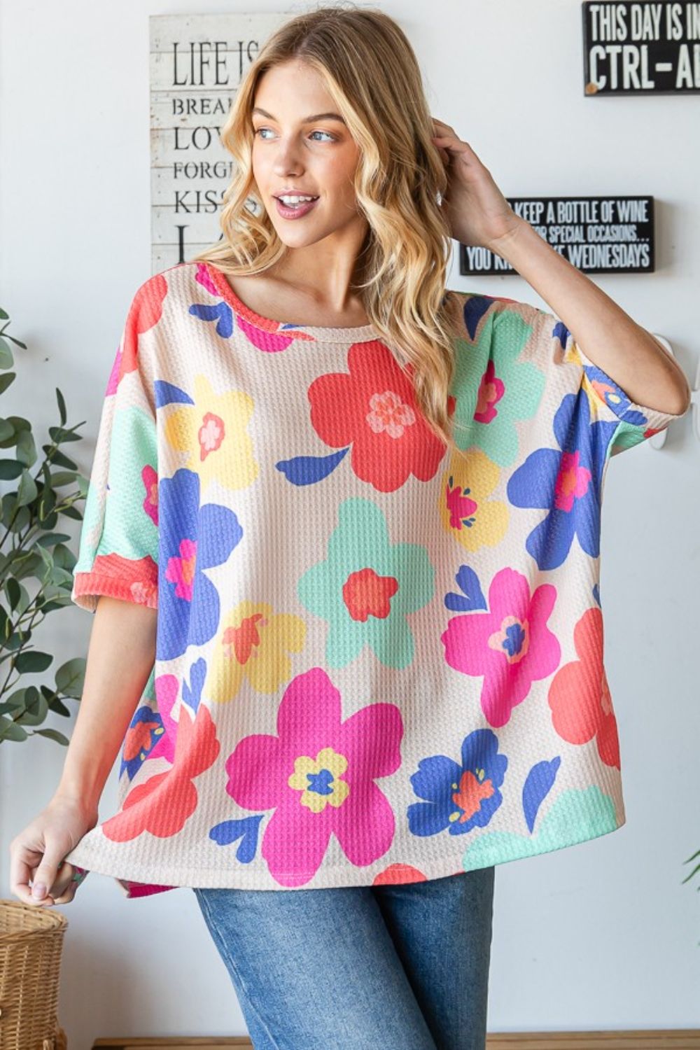 Floral Waffle Knit Oversize T-Shirt in TaupeT-ShirtHOPELY