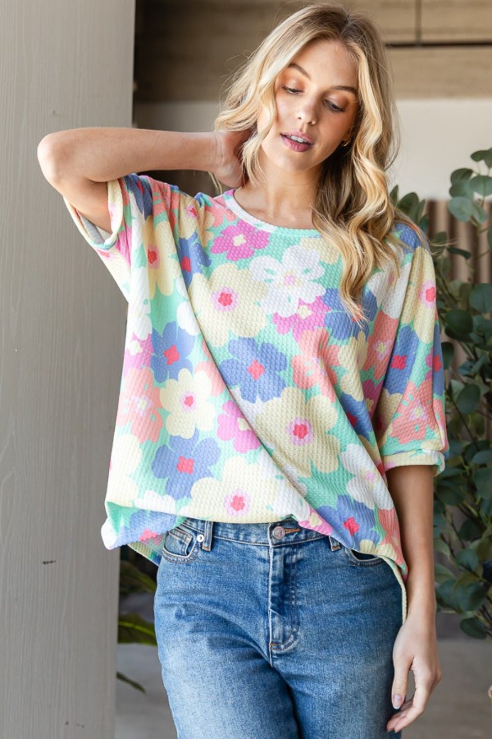 Floral Waffle Knit Oversized T-Shirt in Mint YellowT-ShirtHOPELY