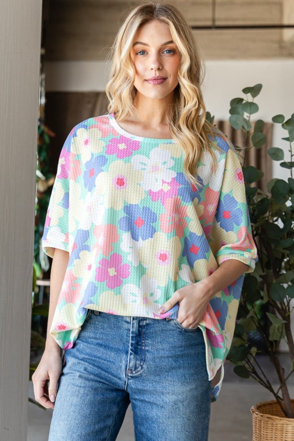 Floral Waffle Knit Oversized T-Shirt in Mint YellowT-ShirtHOPELY