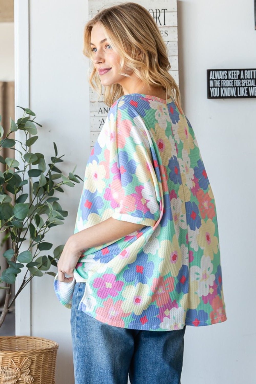 Floral Waffle Knit Oversized T-Shirt in Mint YellowT-ShirtHOPELY