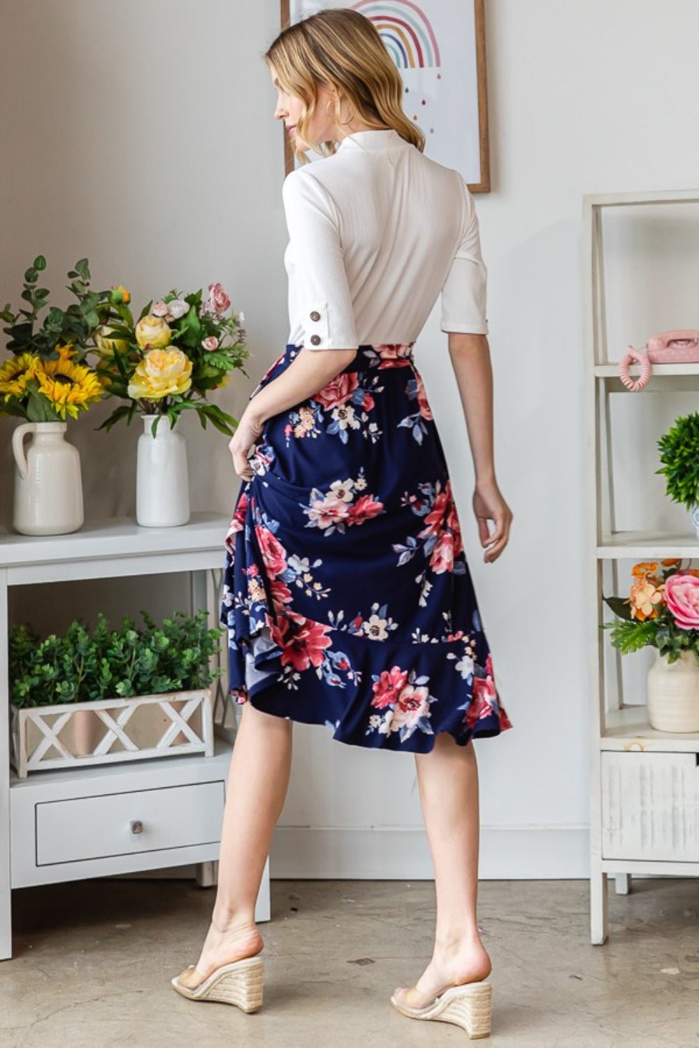 Floral Wrap Ruffle Hem Midi Skirt in NavyMidi SkirtReborn J