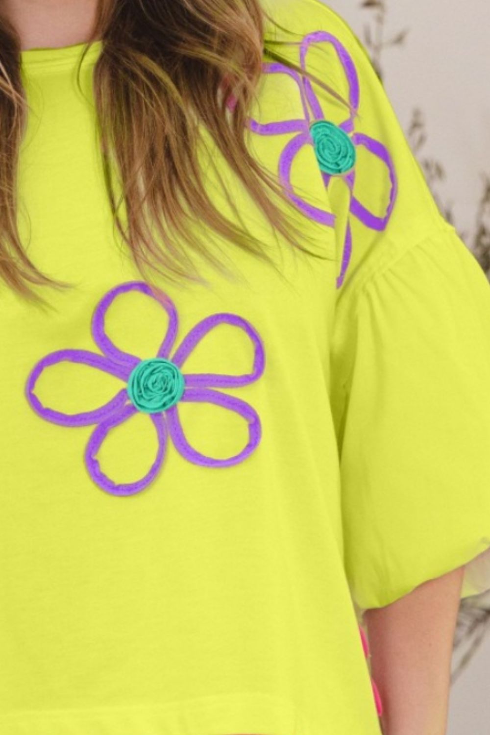 Flower Appliqué Detail T-Shirt in LimelightT-ShirtODDI