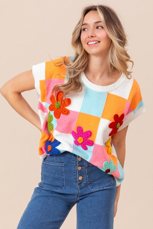 Flower Patch Checkered Cap Sleeve Sweater in OrangeSweaterBiBi