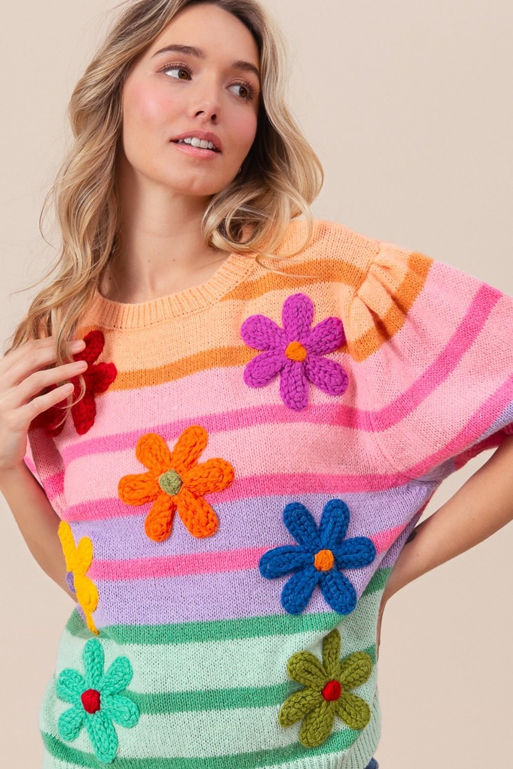 Flower Patch Puff Sleeve Striped Sweater in Apricot MultiSweaterBiBi