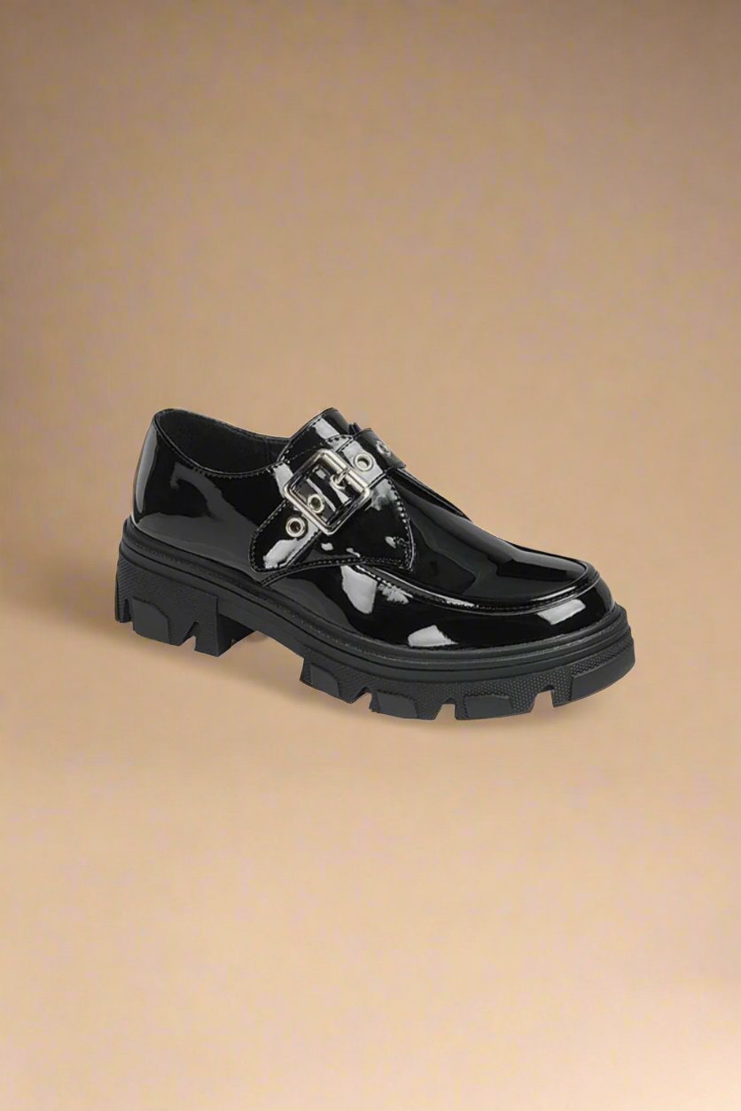 Forever Link - Black Patent Vegan Leather Buckled Platform Lug Sole Loafers