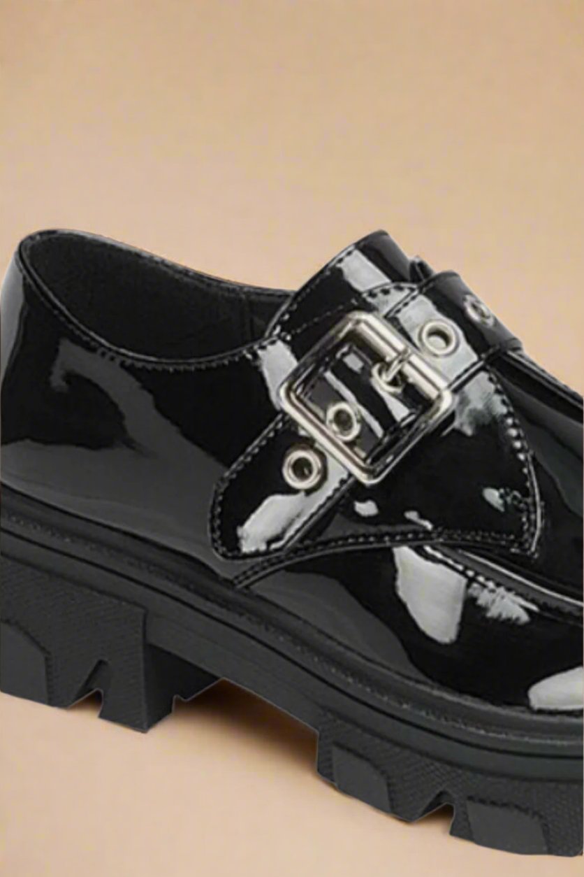 Forever Link - Black Patent Vegan Leather Buckled Platform Lug Sole Loafers