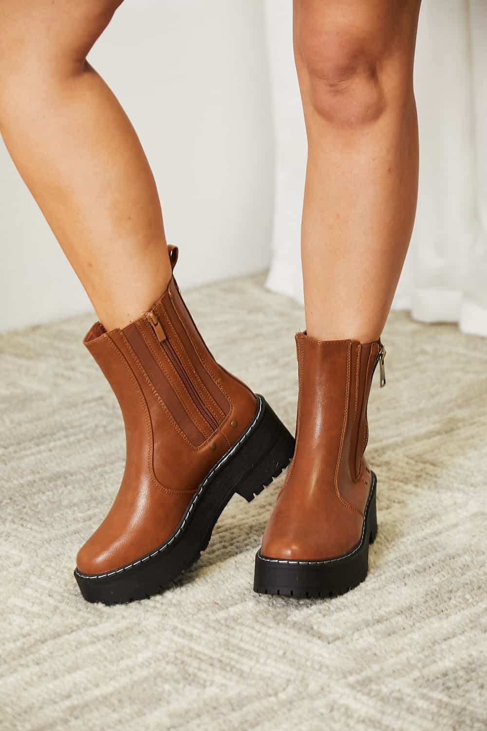 Forever Link - Brown Vegan Leather Side Zip Platform Boots