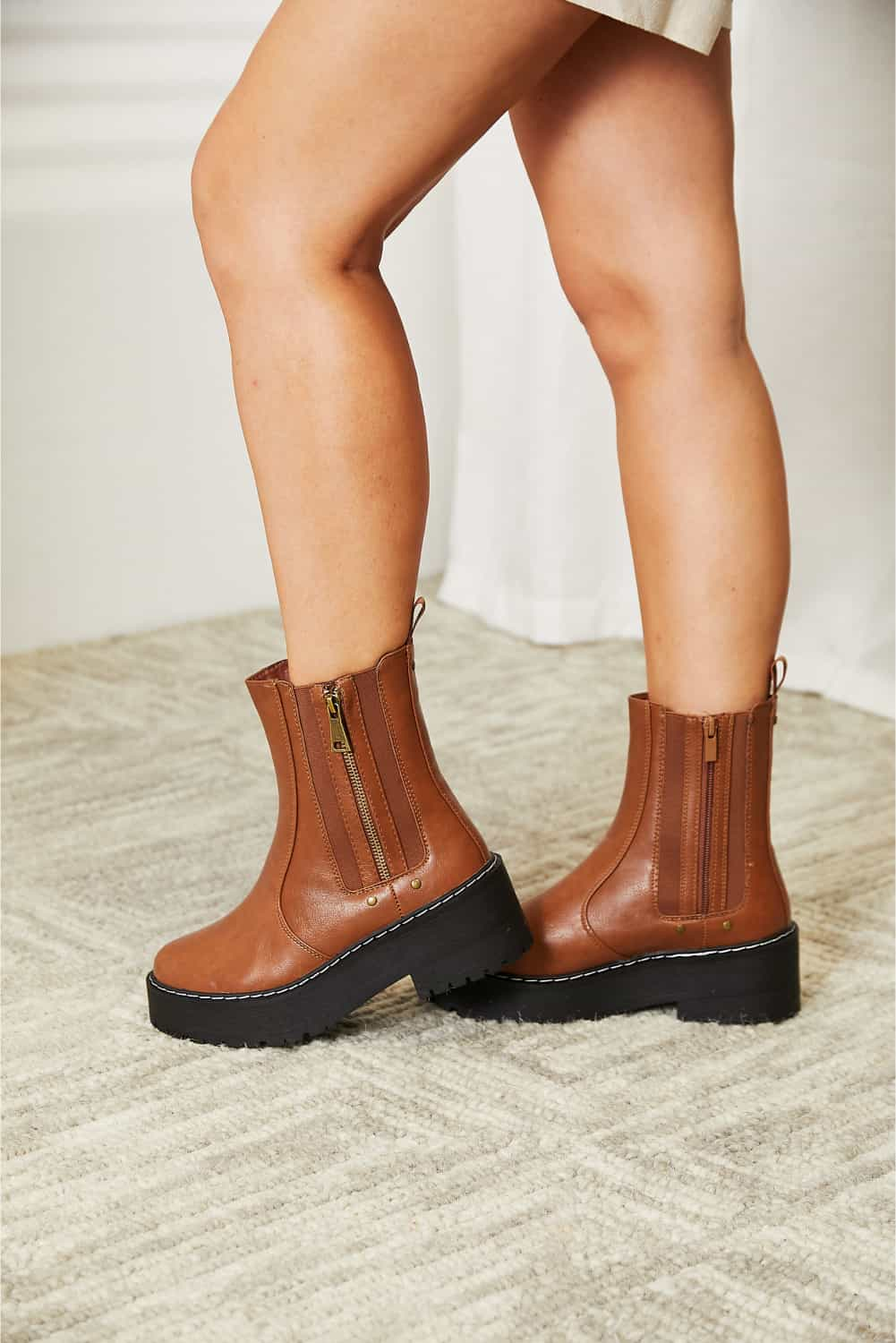 Forever Link - Brown Vegan Leather Side Zip Platform Boots