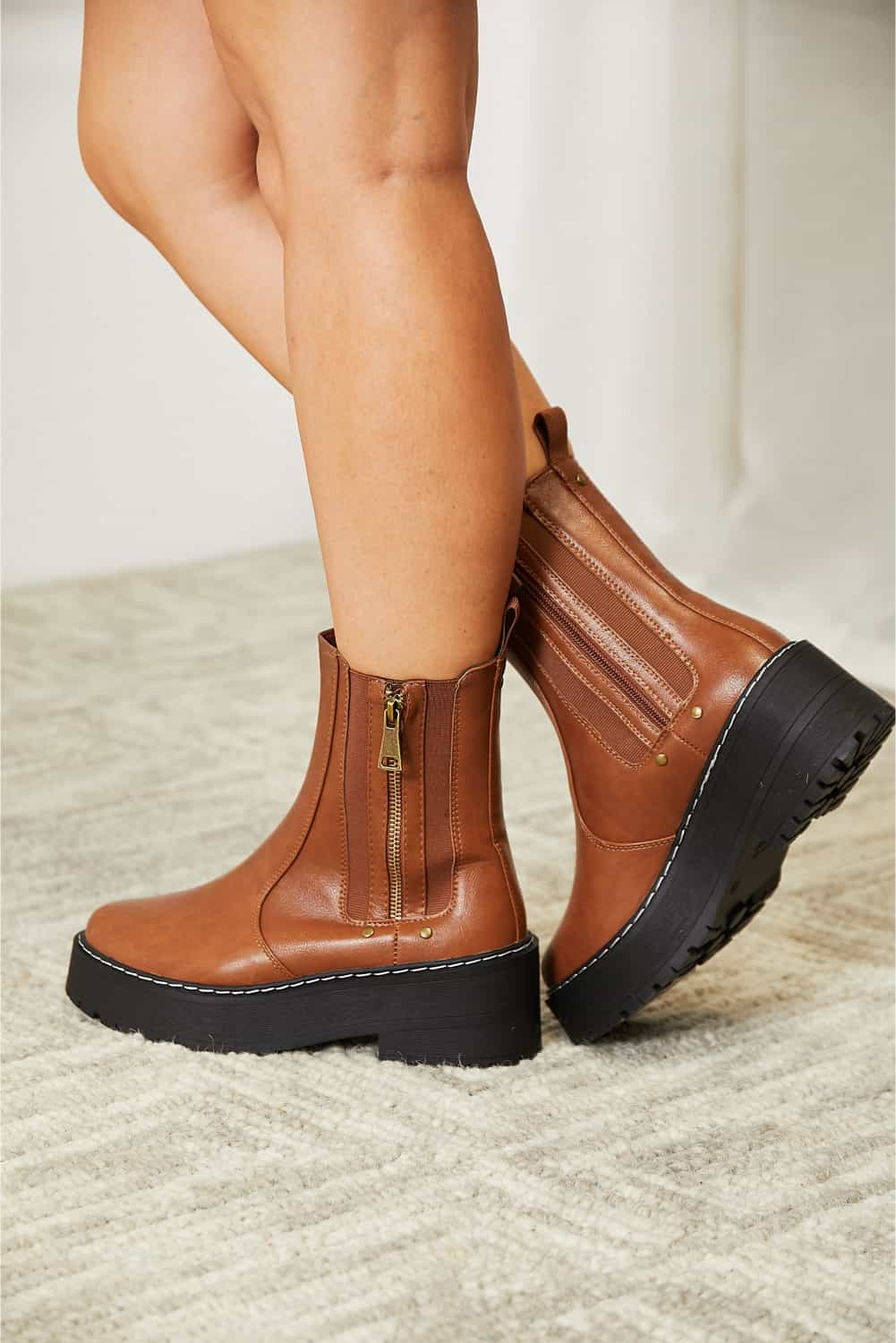 Forever Link - Brown Vegan Leather Side Zip Platform Boots