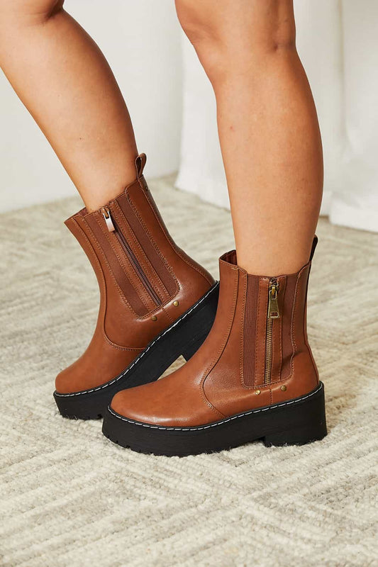 Forever Link - Brown Vegan Leather Side Zip Platform Boots