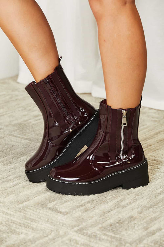 Forever Link - Burgundy Vegan Patent Leather Side Zip Platform Boots