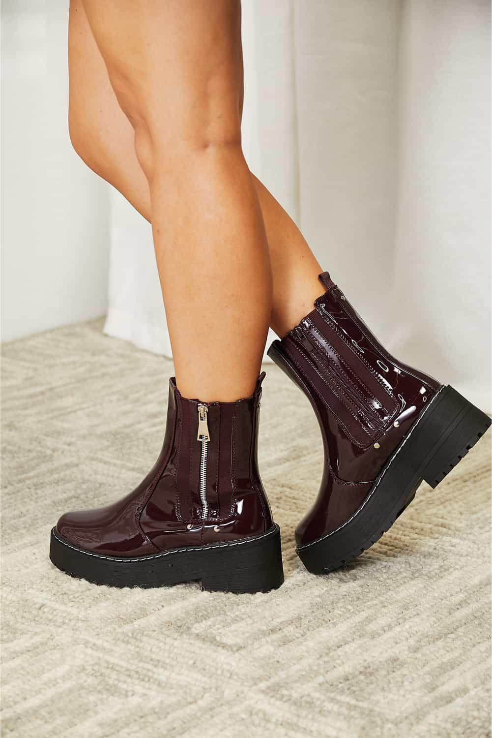 Forever Link - Burgundy Vegan Patent Leather Side Zip Platform Boots