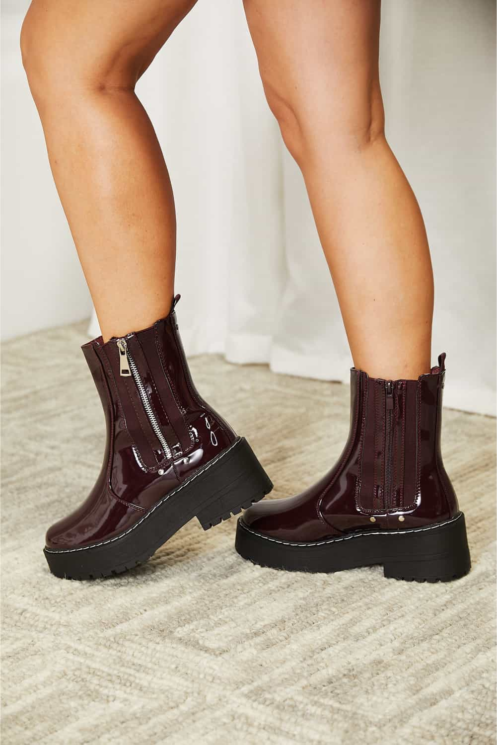 Forever Link - Burgundy Vegan Patent Leather Side Zip Platform Boots