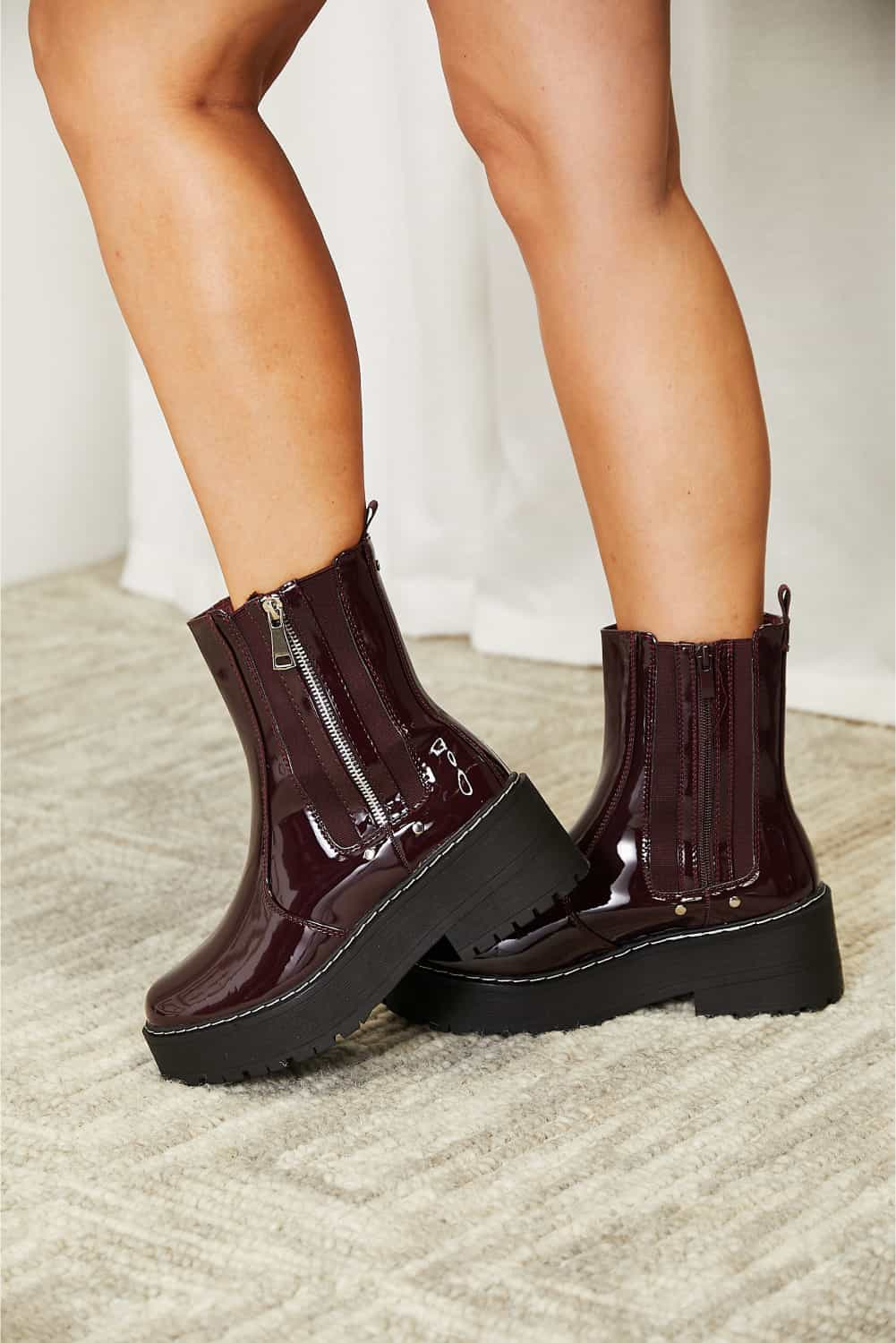 Forever Link - Burgundy Vegan Patent Leather Side Zip Platform Boots