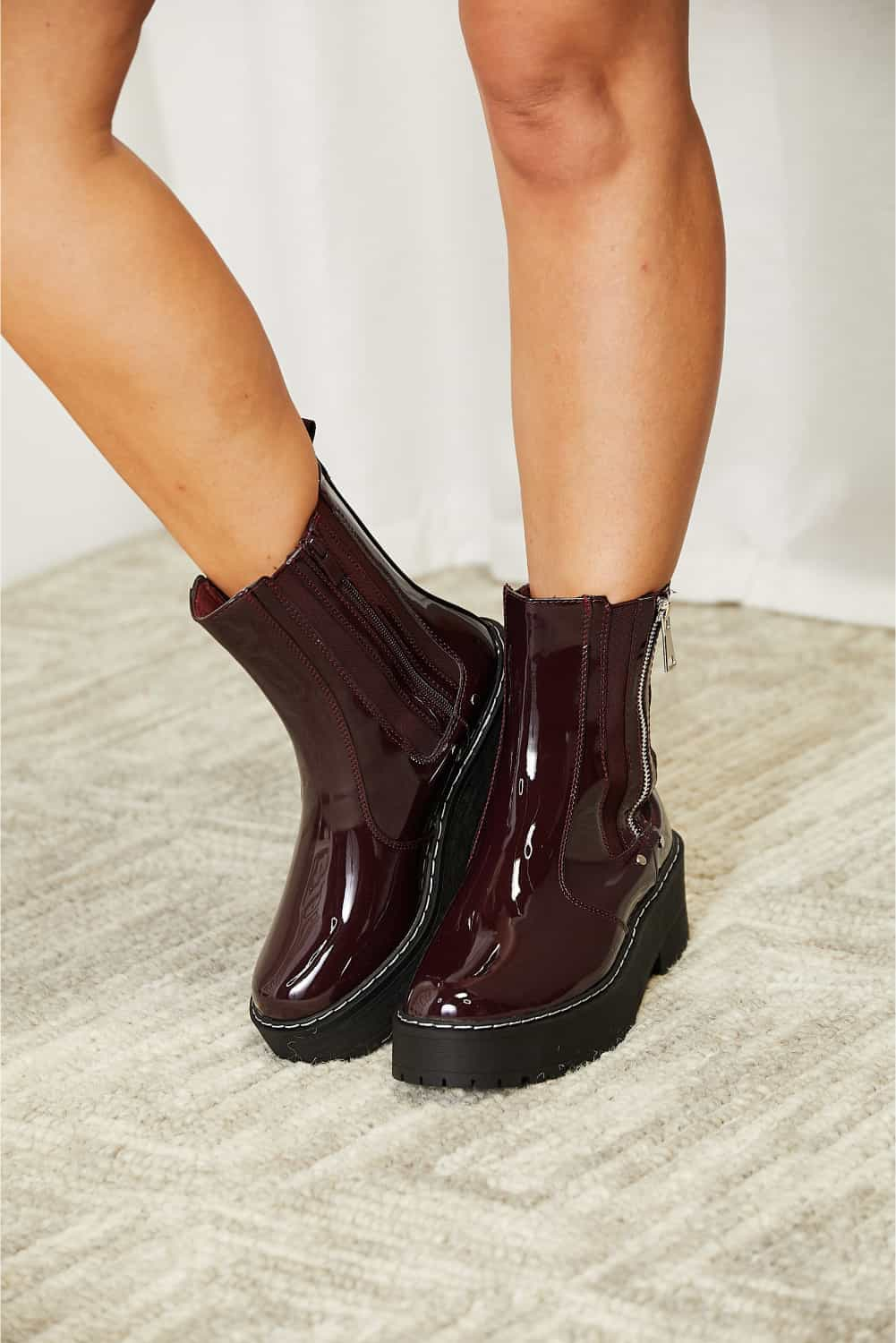 Forever Link - Burgundy Vegan Patent Leather Side Zip Platform Boots