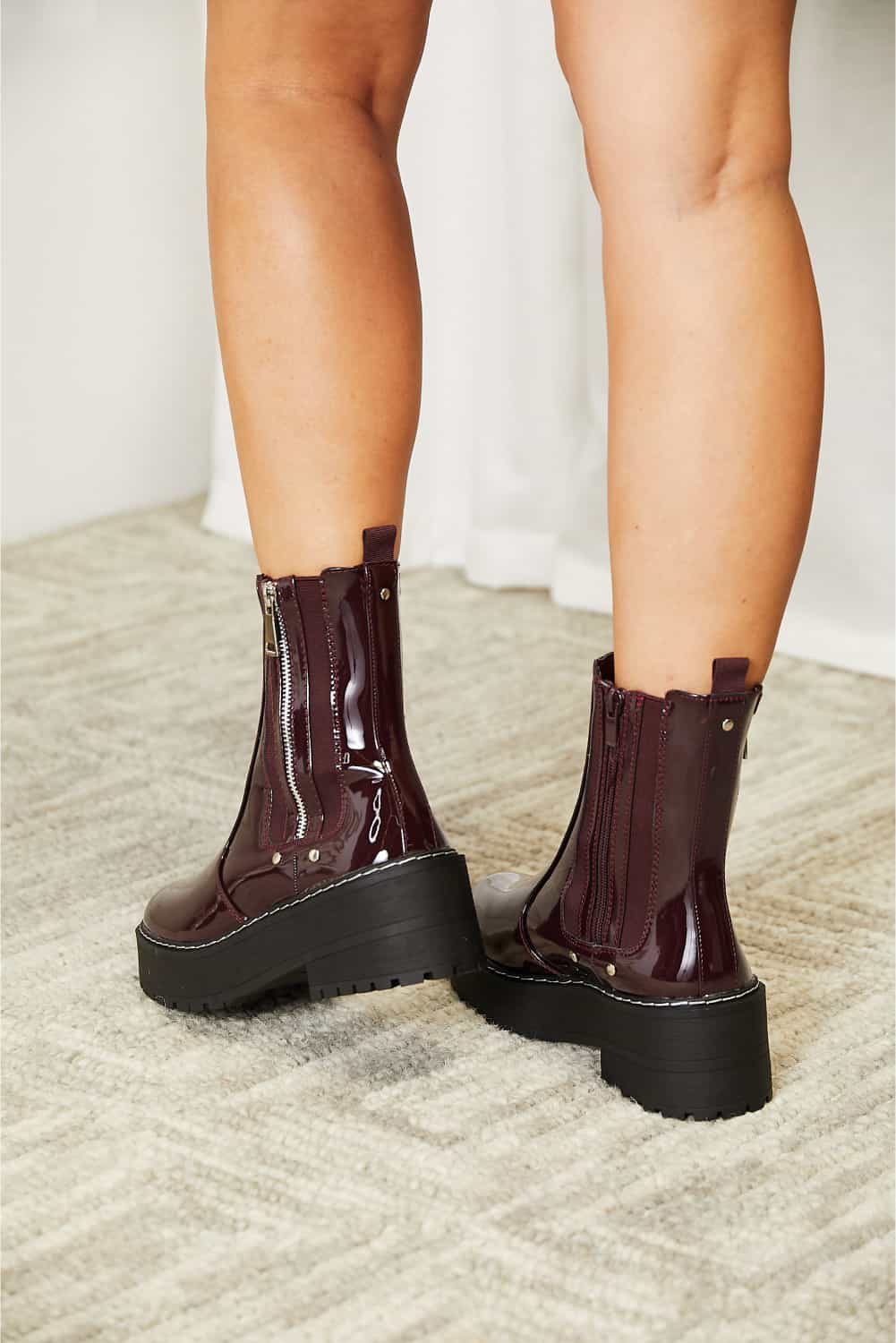 Forever Link - Burgundy Vegan Patent Leather Side Zip Platform Boots