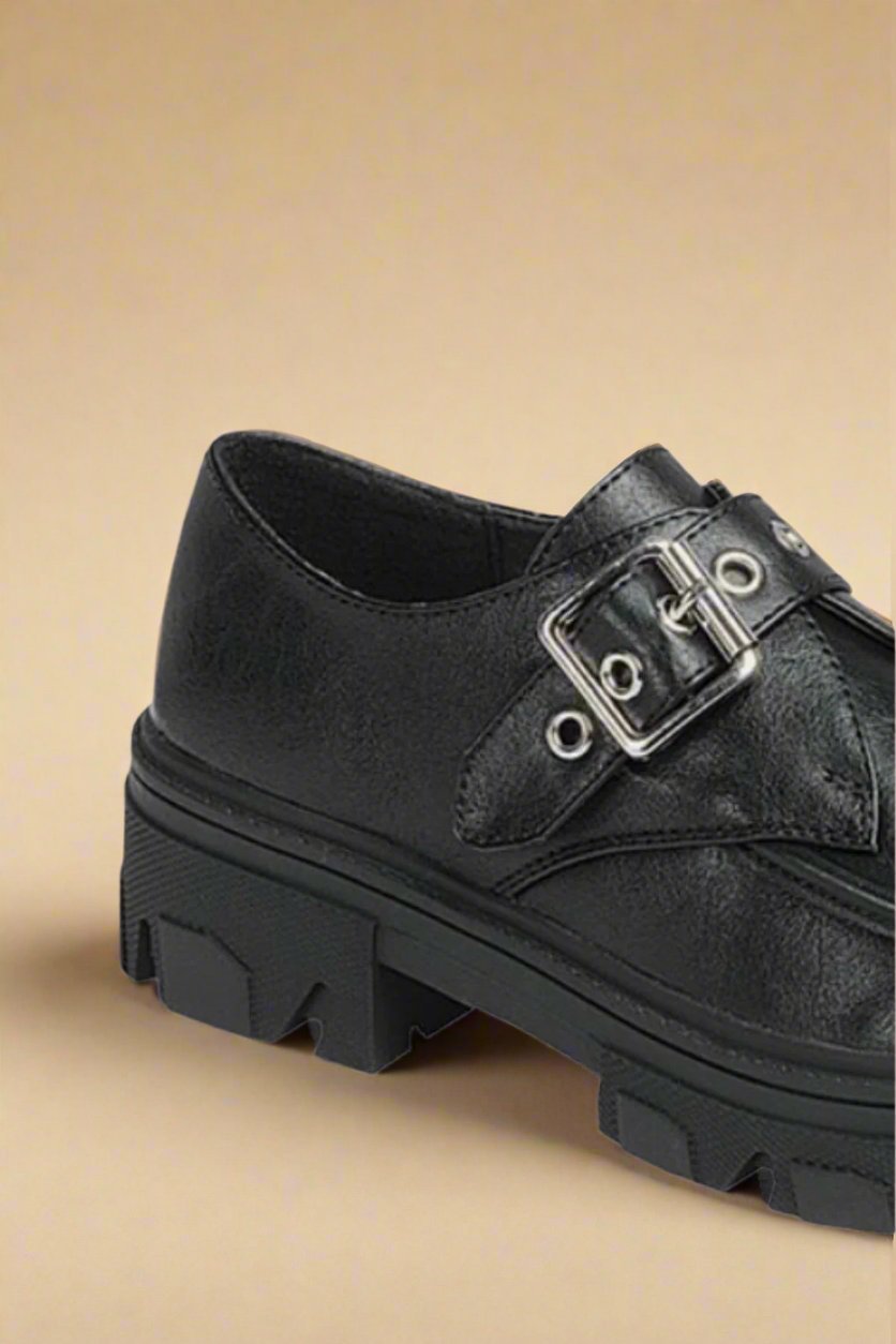 Forever Link - Vegan Leather Buckled Platform Lug Sole Loafers in Charcoal