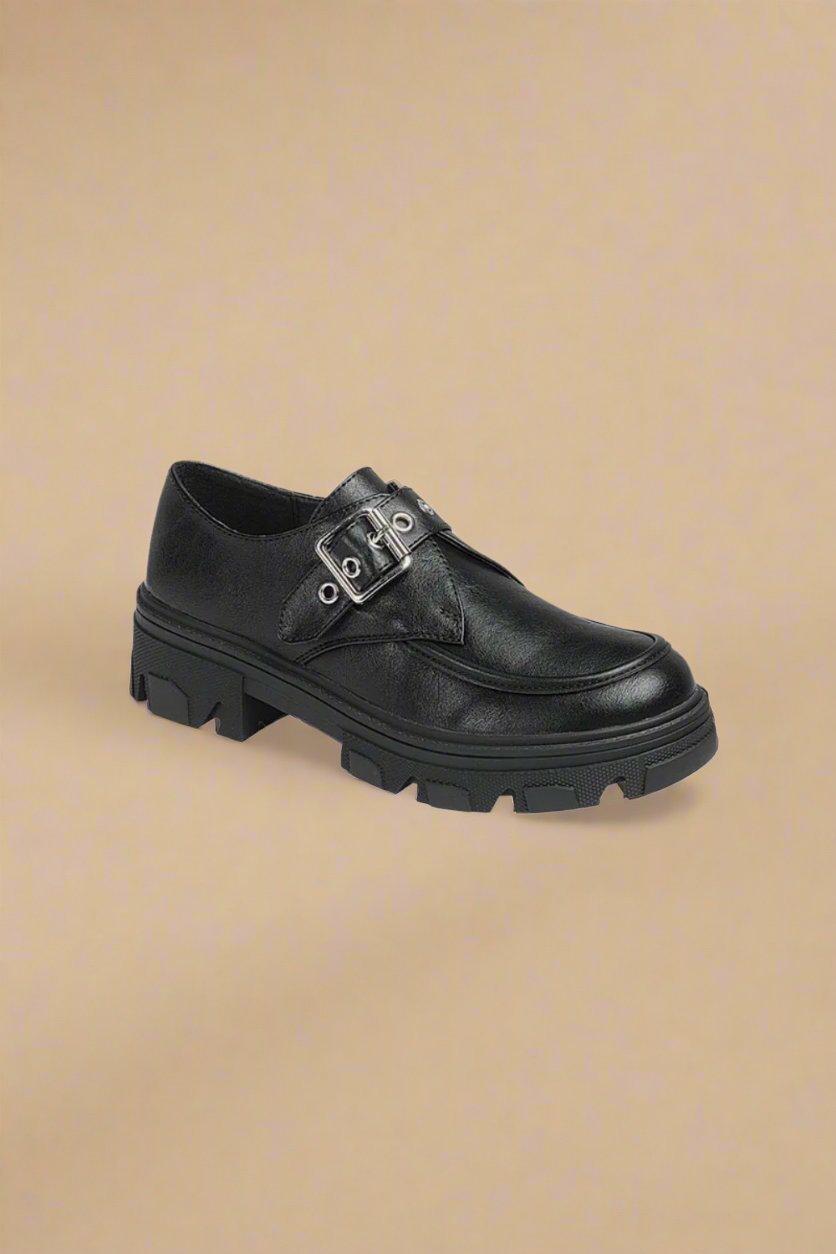 Forever Link - Vegan Leather Buckled Platform Lug Sole Loafers in Charcoal