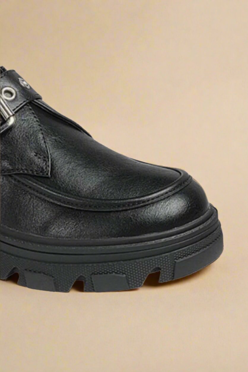 Forever Link - Vegan Leather Buckled Platform Lug Sole Loafers in Charcoal