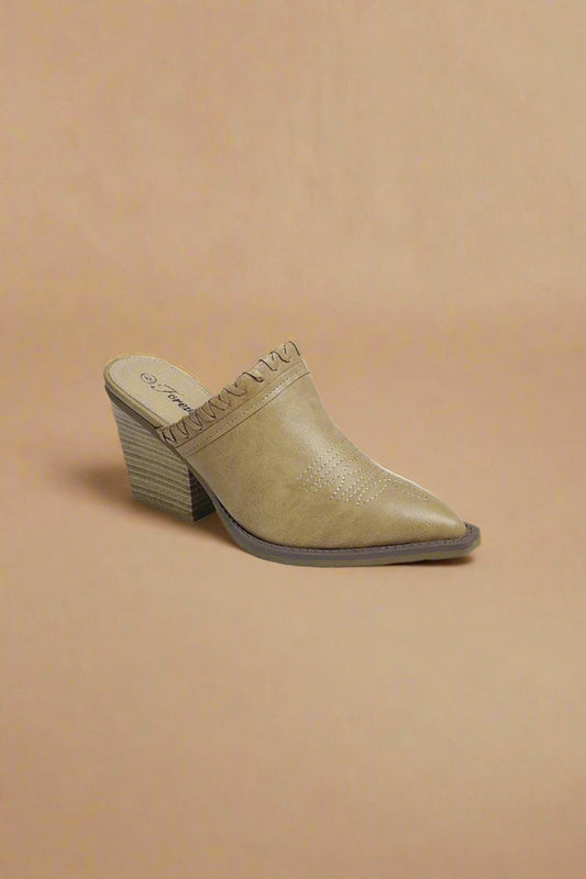 Forever Link - Vegan Leather Pointy Toe Chunky Mules in Taupe