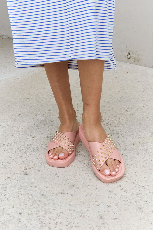 Forever Link - Vegan Leather Studded Cross Strap Sandals in Blush