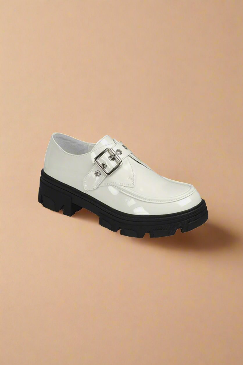 Forever Link - White Patent Vegan Leather Buckled Platform Lug Sole Loafers