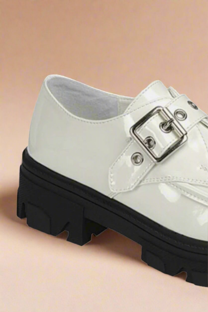 Forever Link - White Patent Vegan Leather Buckled Platform Lug Sole Loafers