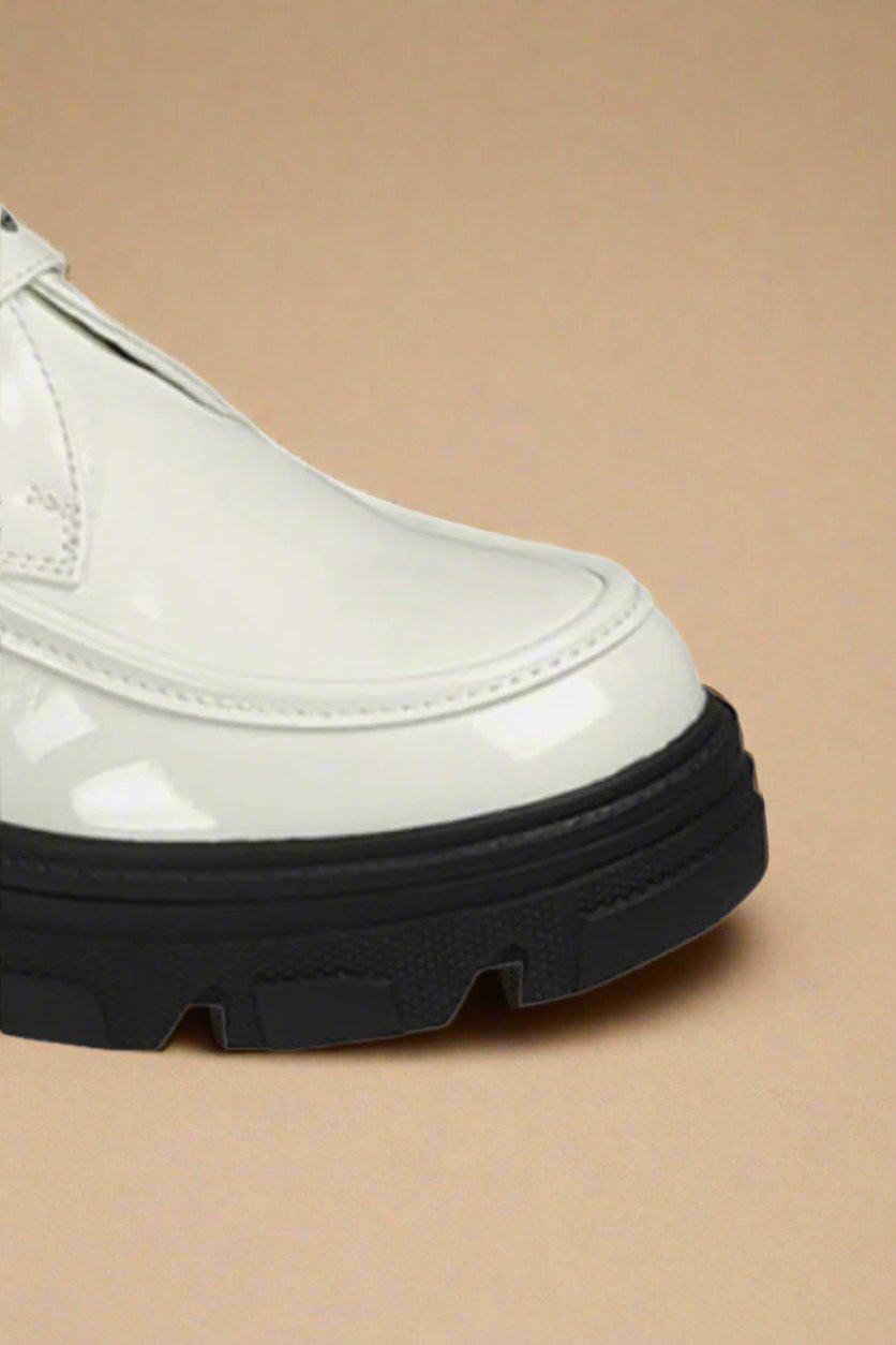 Forever Link - White Patent Vegan Leather Buckled Platform Lug Sole Loafers