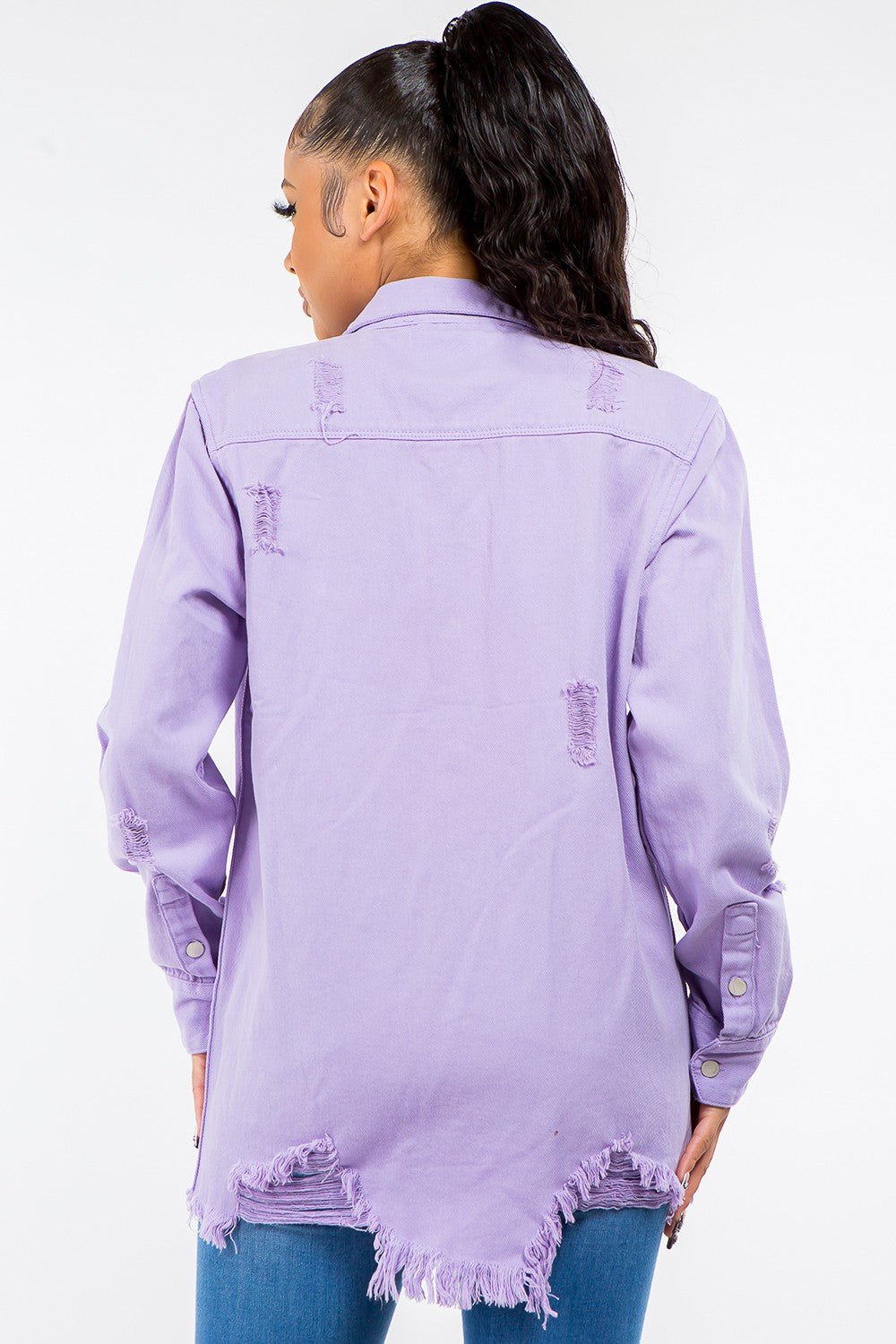 Frayed Hem Distressed Denim Jacket in LavenderJacketAmerican Bazi