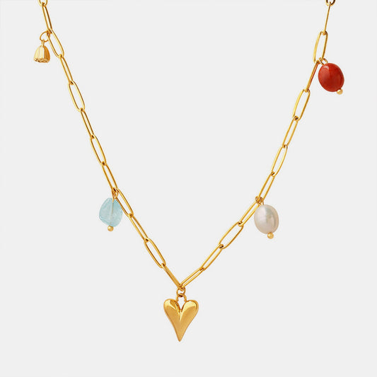 Freshwater Pearl & Natural Stone Gold Heart Pendant NecklaceNecklaceBeach Rose Co.