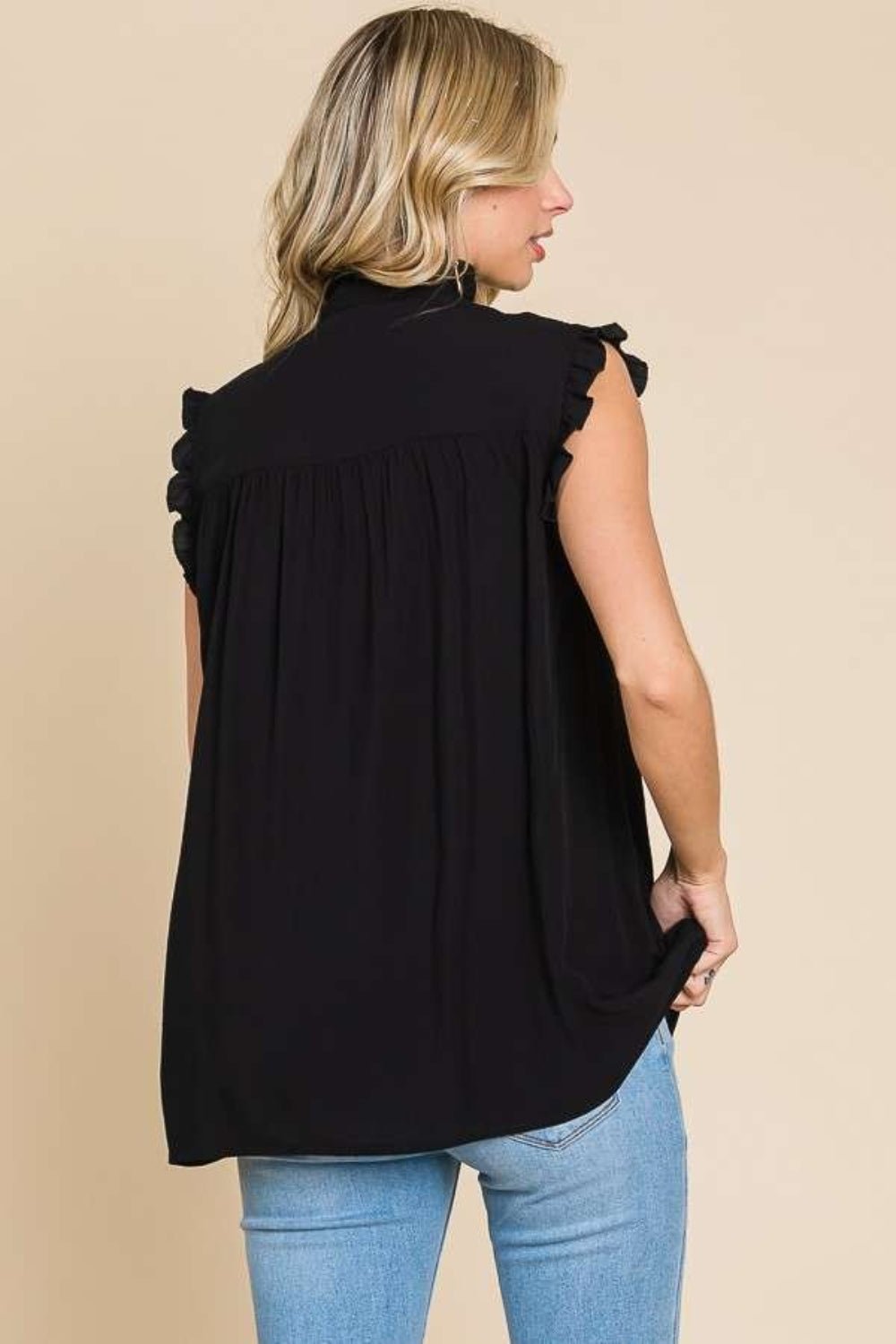 Frill Edge Smocked Sleeveless Top in BlackTopCulture Code