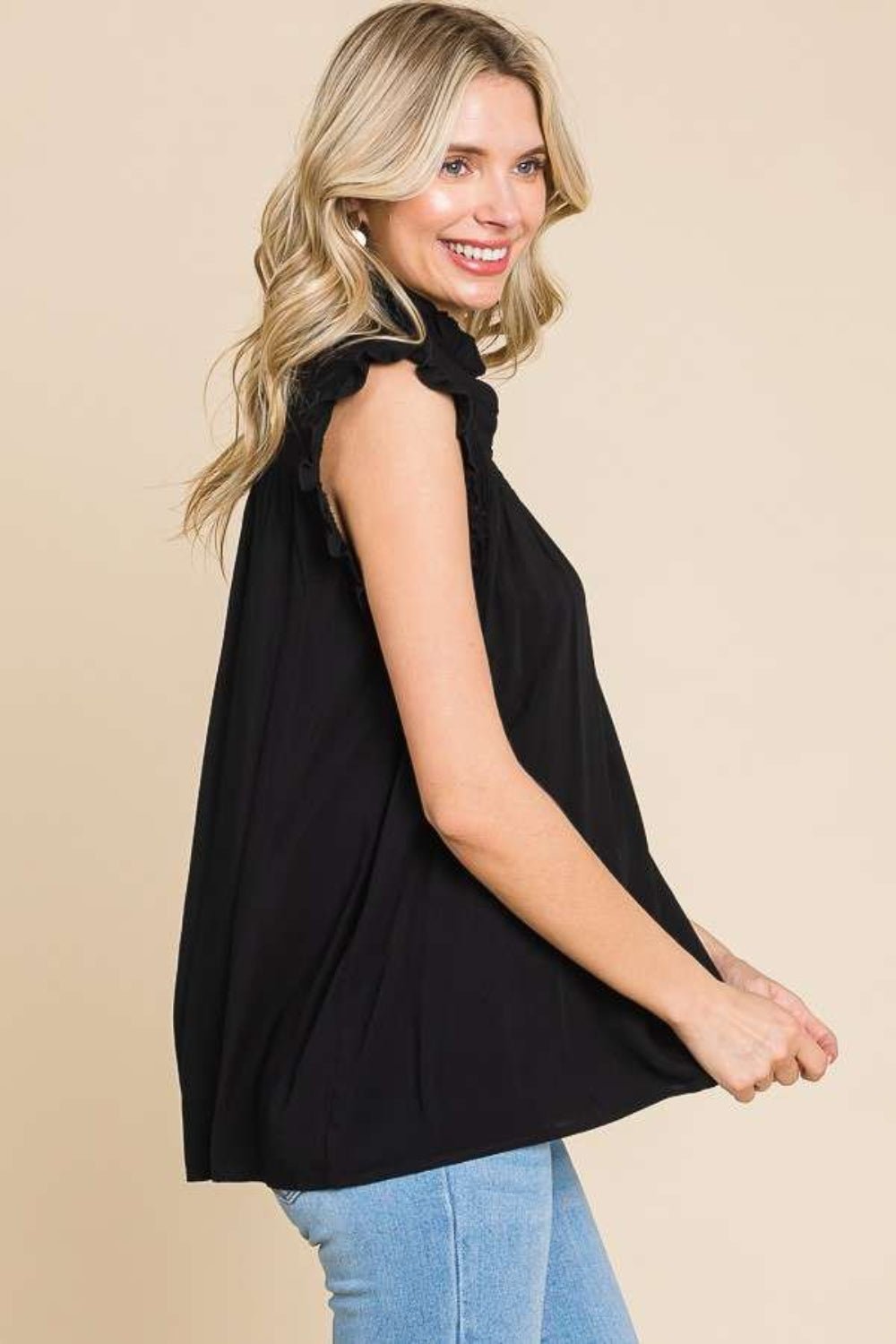 Frill Edge Smocked Sleeveless Top in BlackTopCulture Code