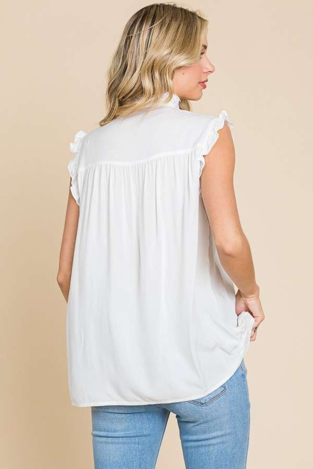 Frill Edge Smocked Sleeveless Top in Soft WhiteTopCulture Code