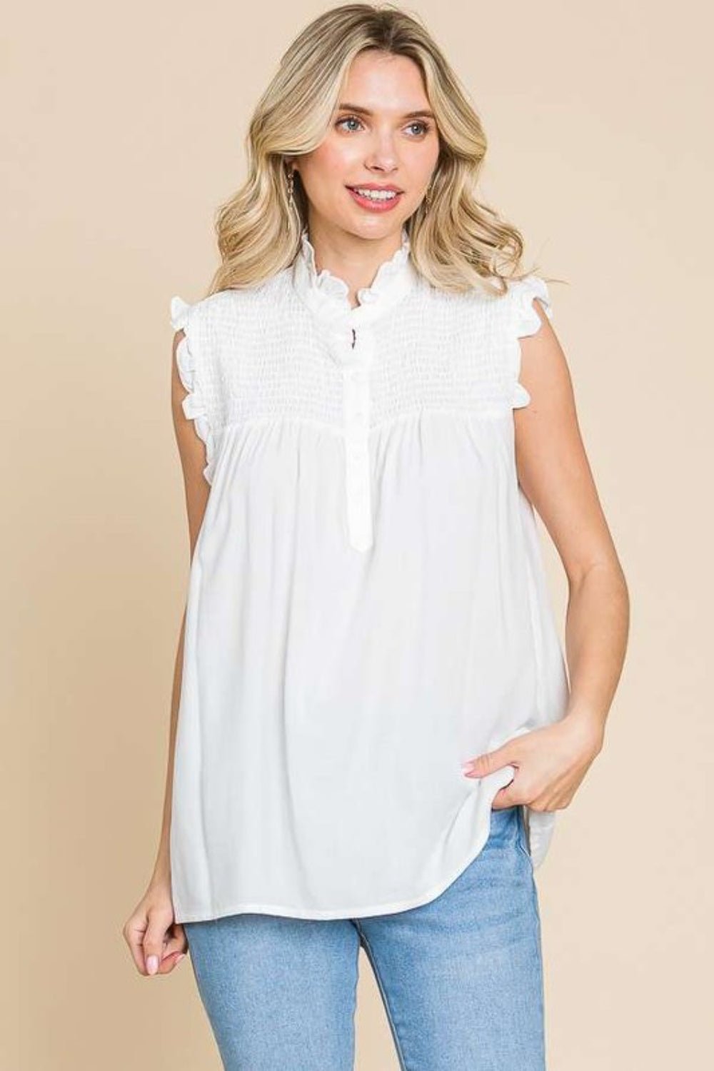 Frill Edge Smocked Sleeveless Top in Soft WhiteTopCulture Code