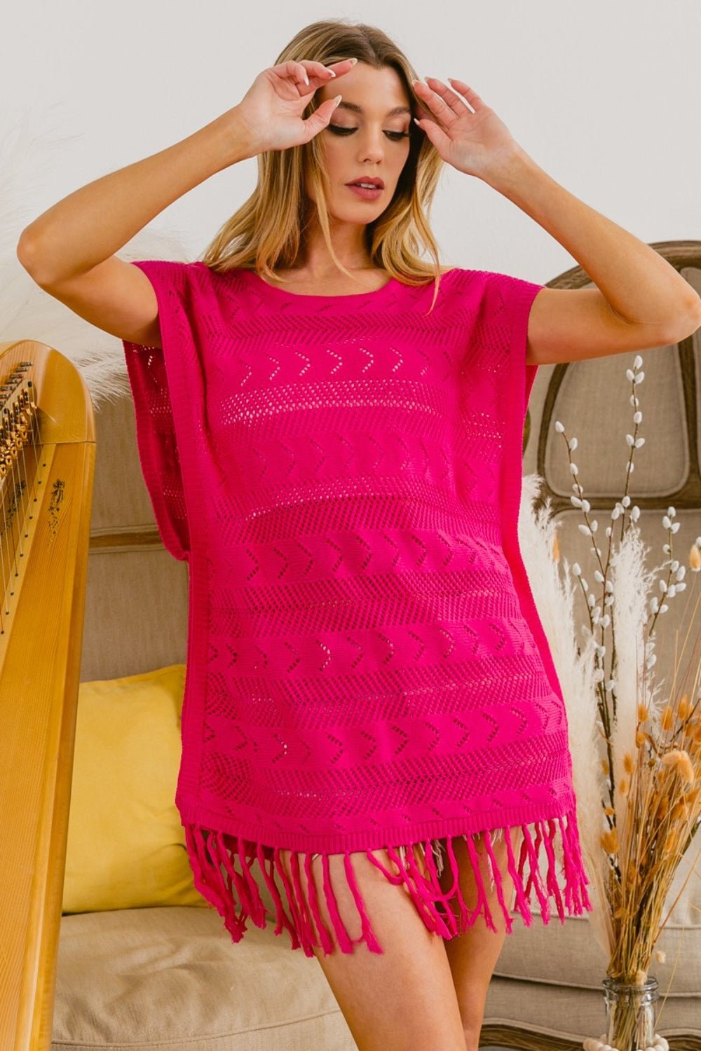 Fringed Hem Short Sleeve Knit Top in FuchsiaTopBiBi