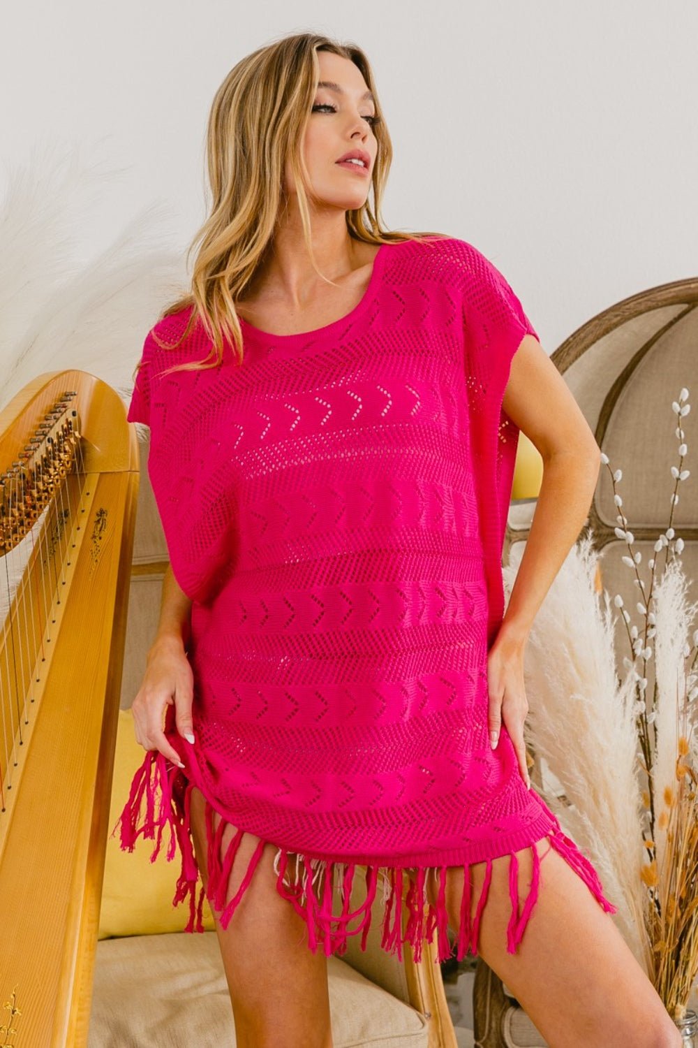 Fringed Hem Short Sleeve Knit Top in FuchsiaTopBiBi