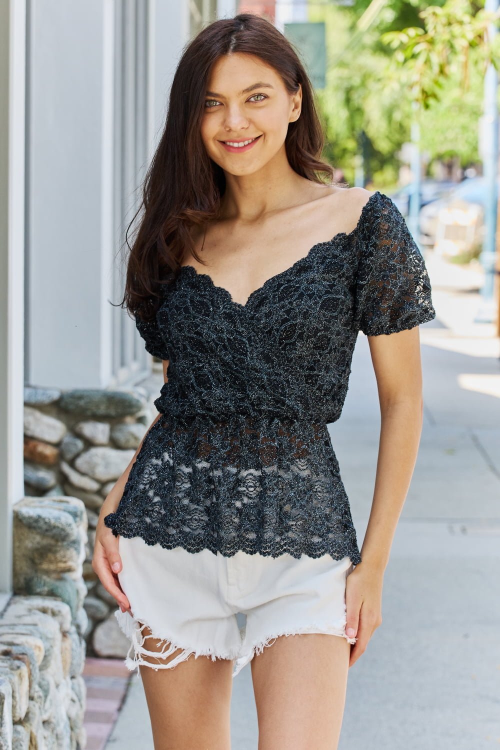 GeeGee - Short Sleeve Glitter Peplum Top in Black