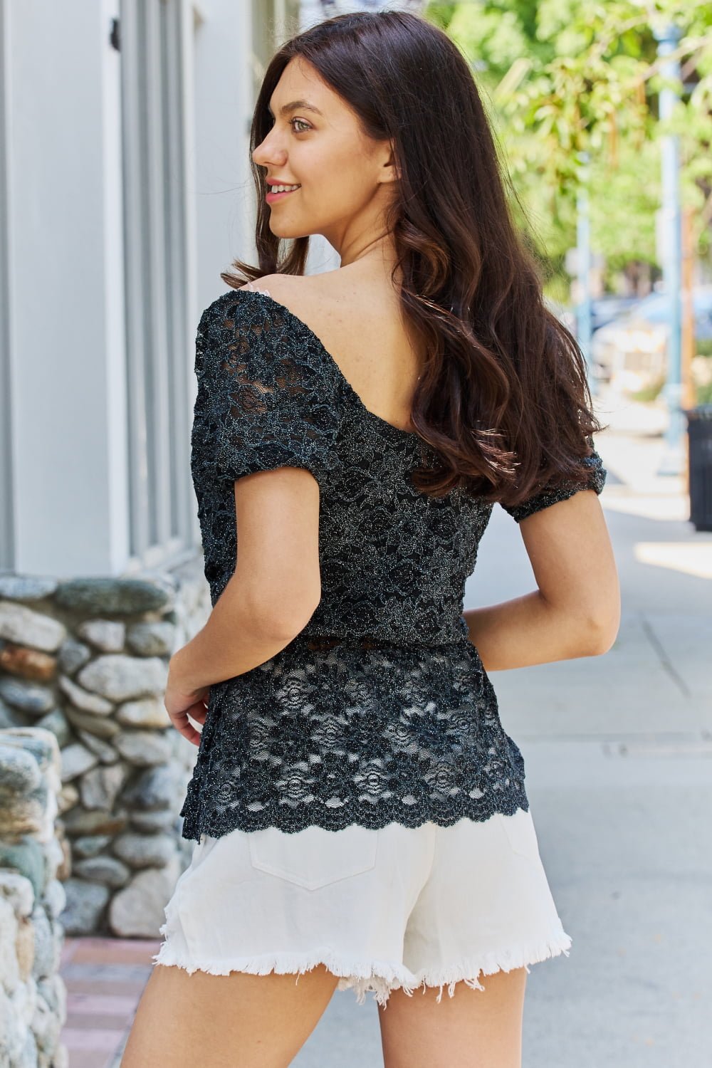 GeeGee - Short Sleeve Glitter Peplum Top in Black