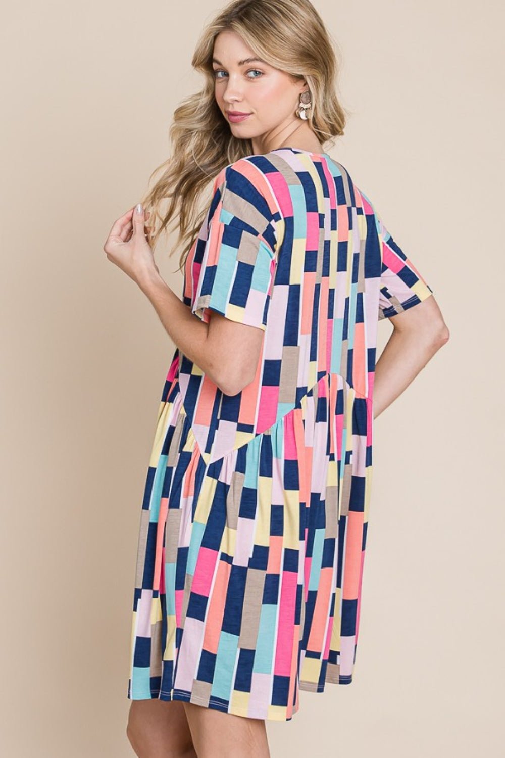 Geometric Multicolor Short Sleeve Mini DressMini DressBOMBOM
