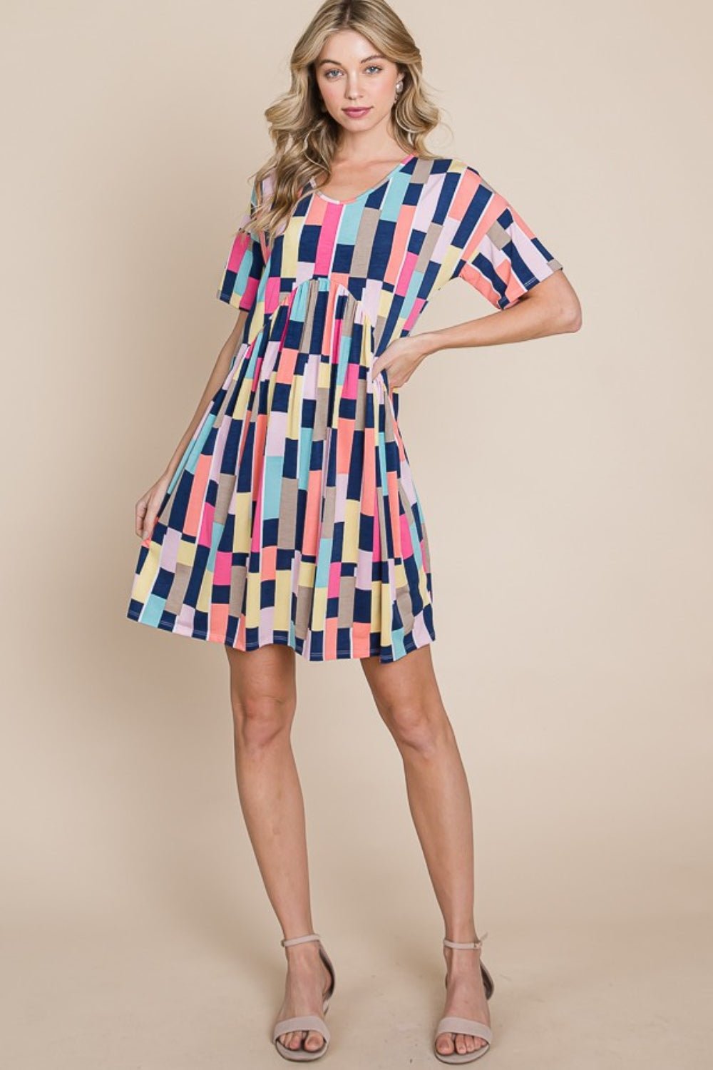 Geometric Multicolor Short Sleeve Mini DressMini DressBOMBOM