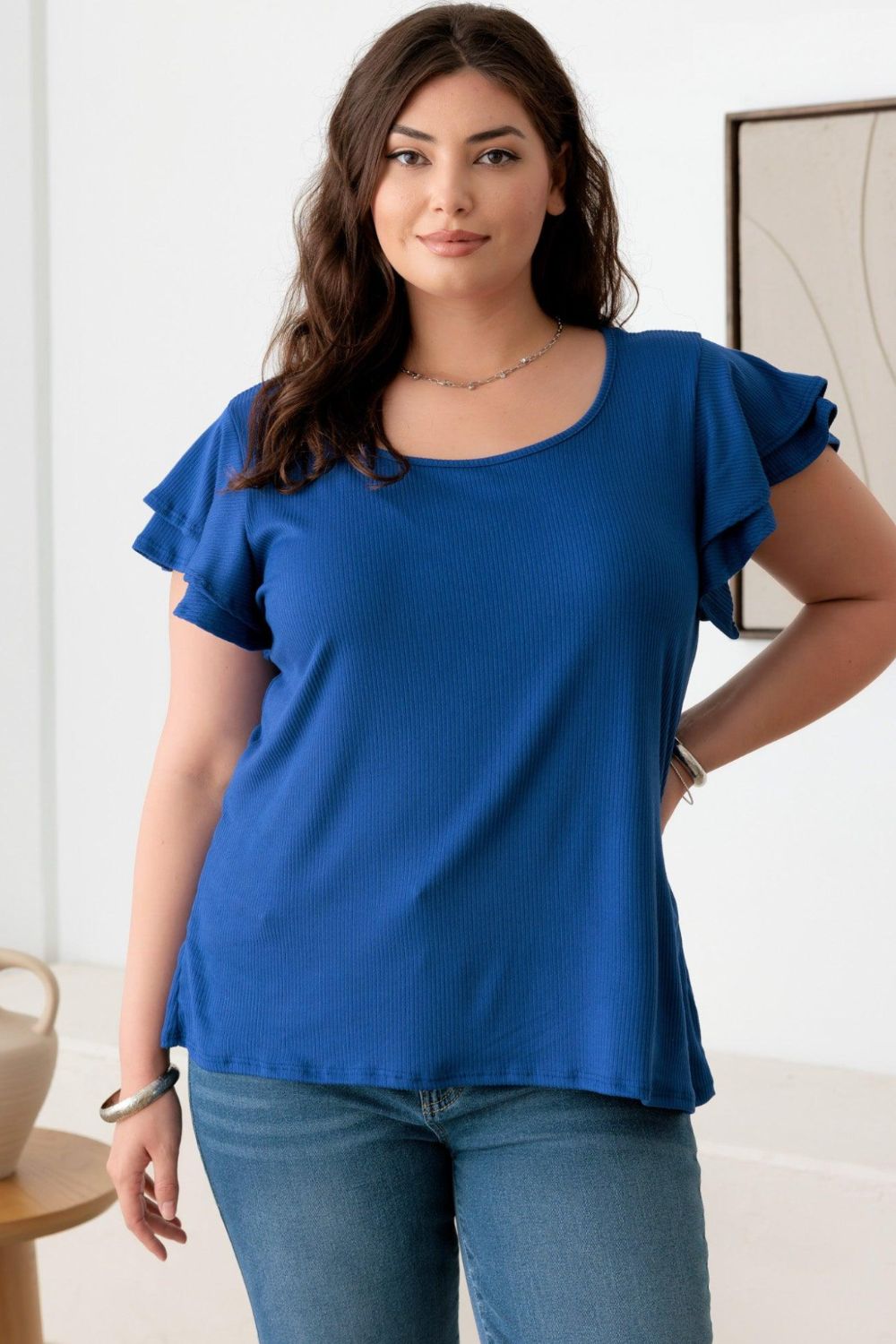 GilliPlus Size Short Fluttery Sleeve Top in Royal Blue