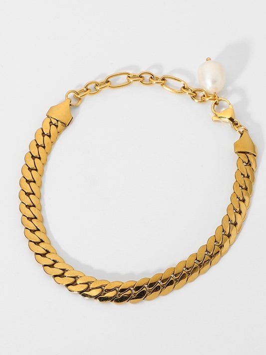 Gold Curb Chain Bracelet with Pearl CharmBraceletBeach Rose Co.