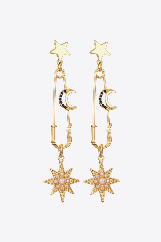 Gold Inlaid Faux Pearl Star and Moon Drop EarringsEarringsBeach Rose Co.