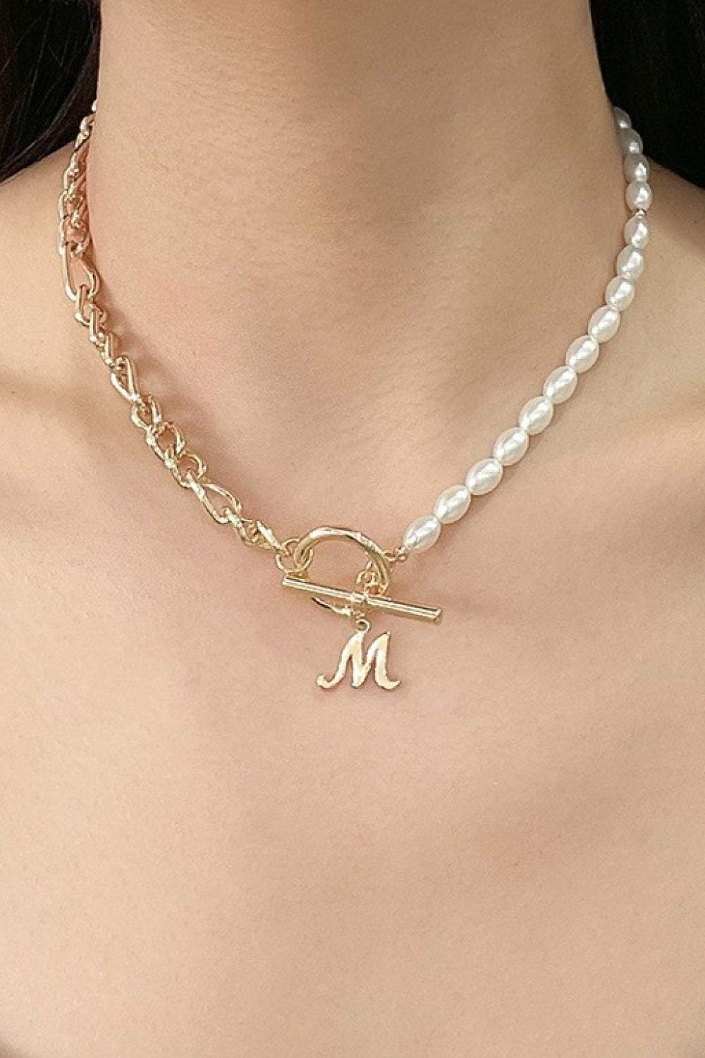 Gold M Initial Faux Pearl & Chain NecklaceNecklaceBeach Rose Co.