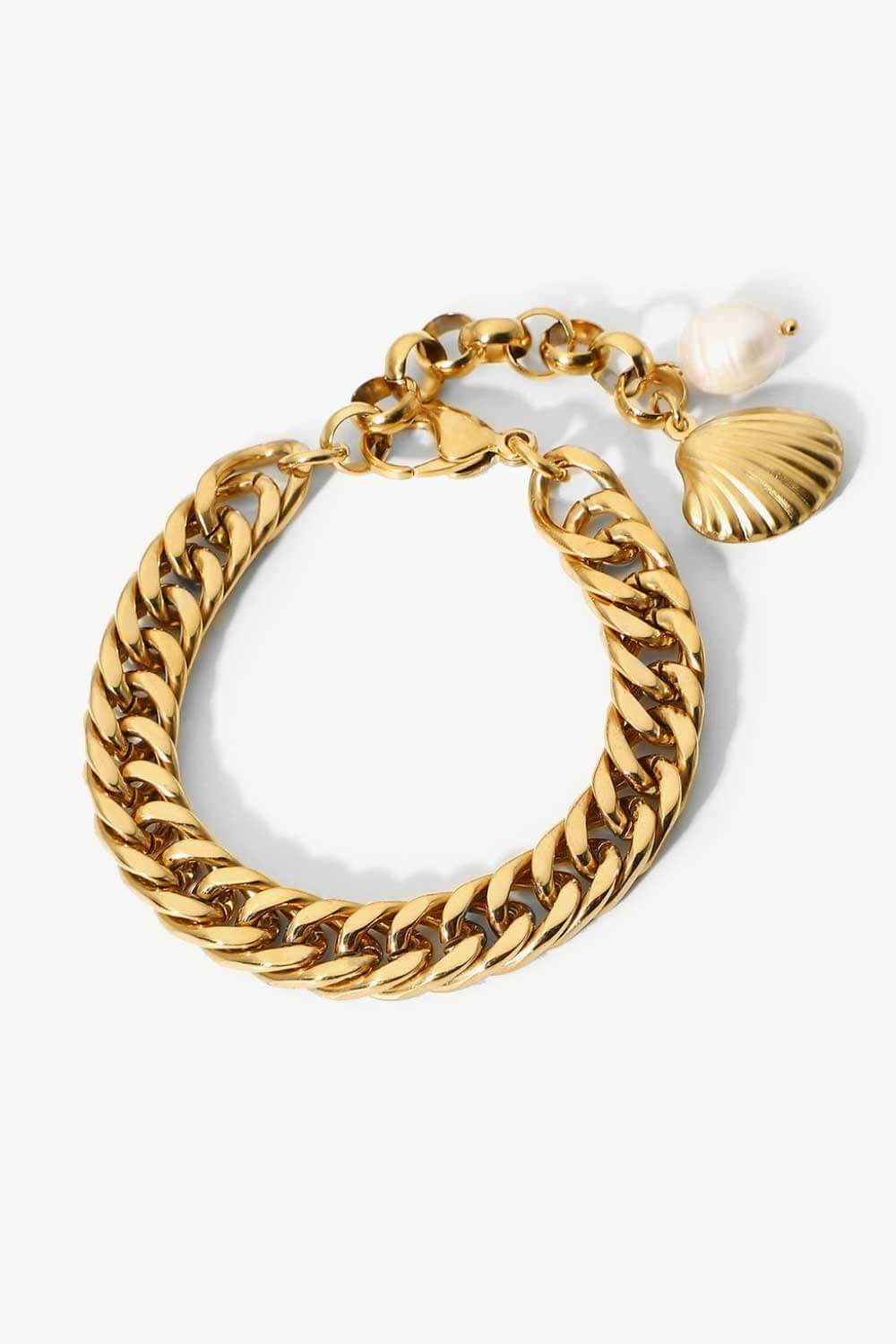 Gold Shell & Pearl Charm Curb Chain BraceletBraceletBeach Rose Co.
