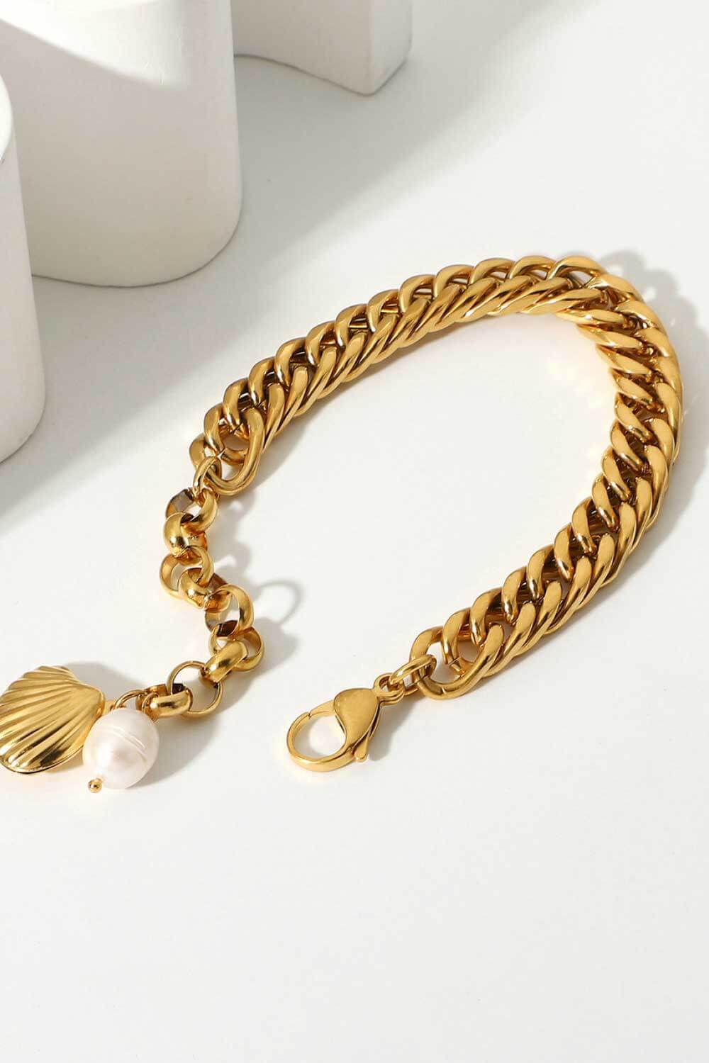 Gold Shell & Pearl Charm Curb Chain BraceletBraceletBeach Rose Co.