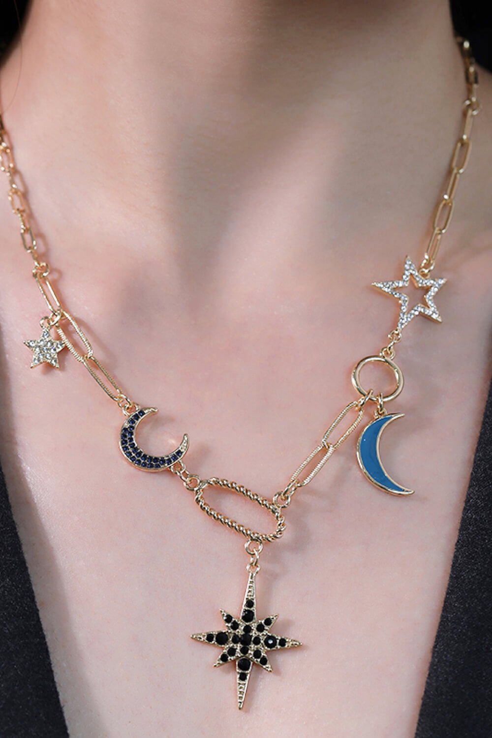 Gold Star and Moon Rhinestone NecklaceNecklaceBeach Rose Co.