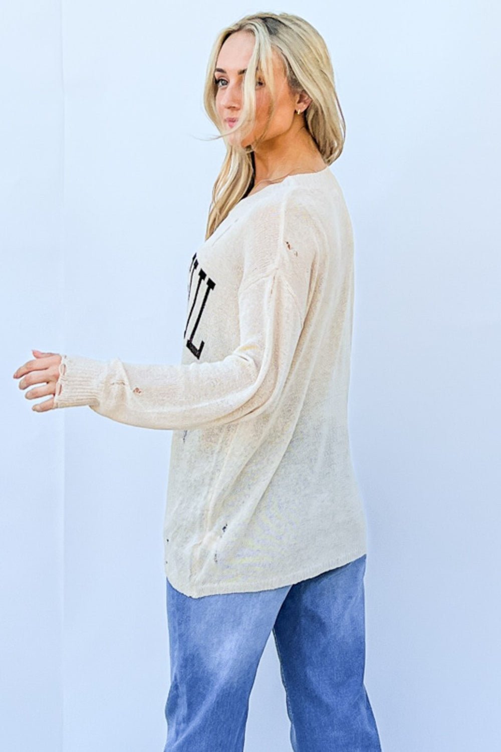 GRATEFUL Distressed Long Sleeve Graphic Knit Top in BeigeTopAnd the Why