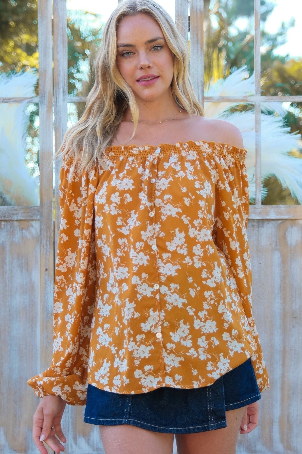 Hailey & Co - Floral Off - Shoulder Blouse in Mustard