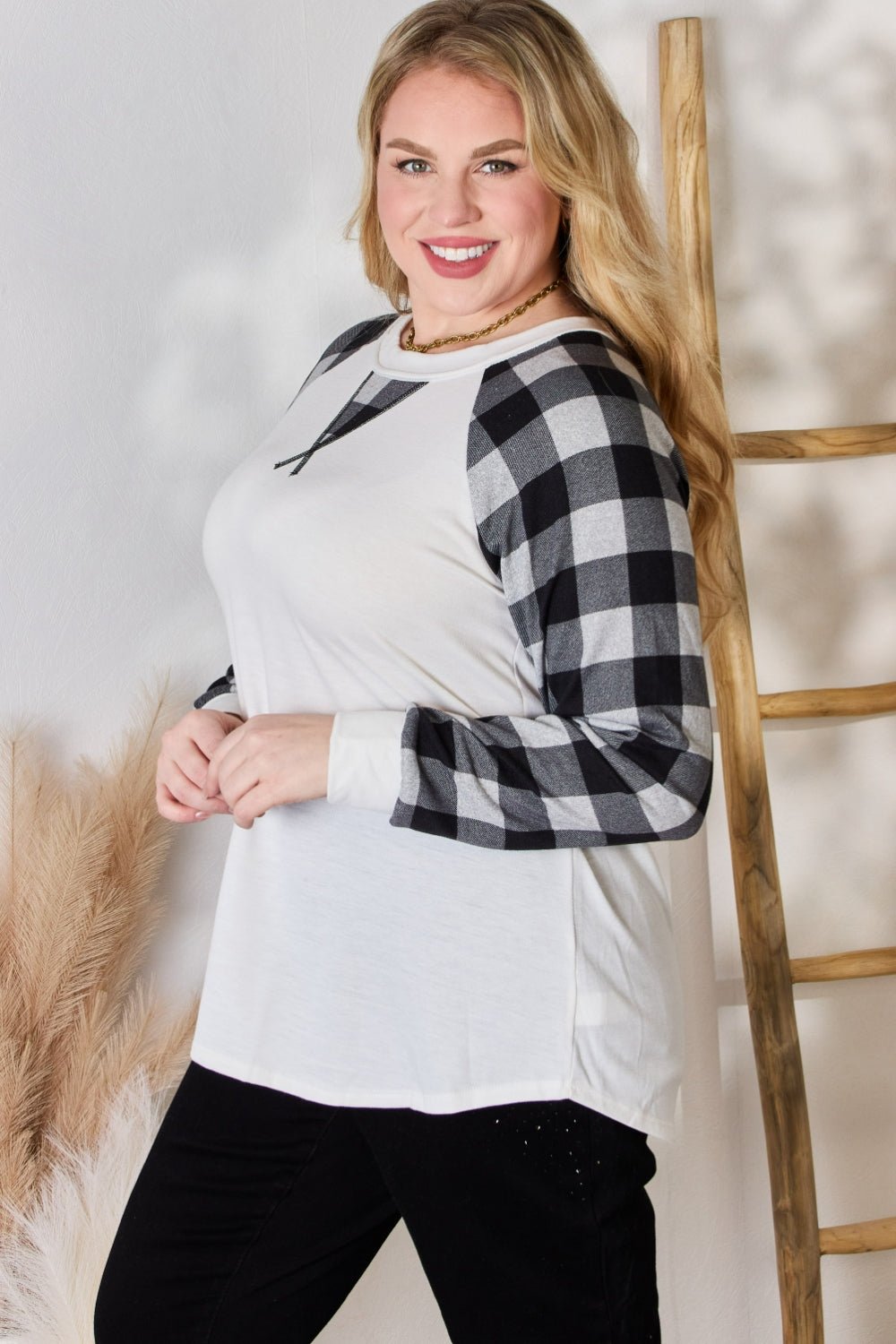 Hailey & Co - Grey Plaid Raglan Sleeve Blouse